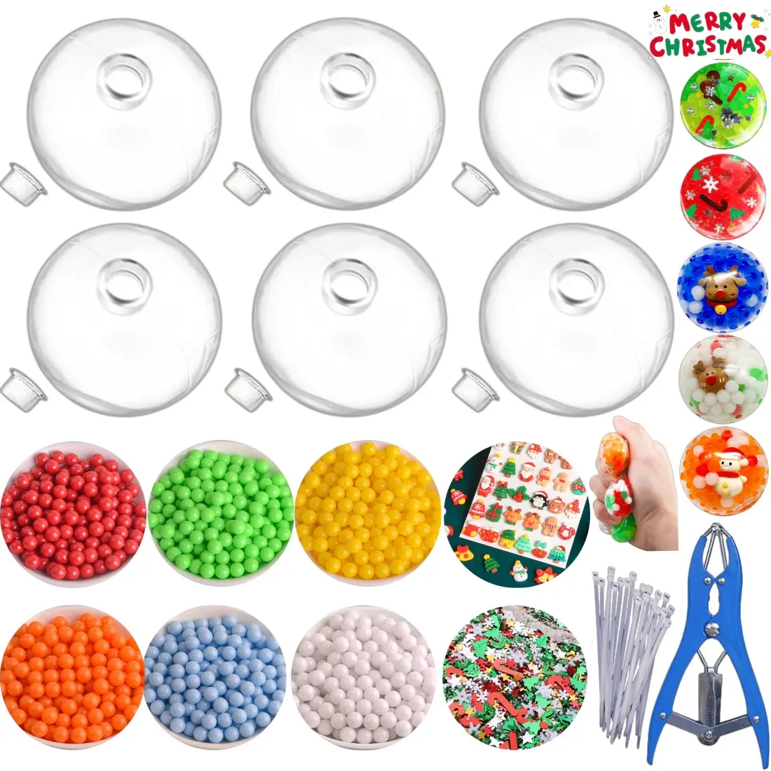 DIY Christmas Stress Ball Kit, Includes 6 Colorful Beads, 6 Transparent Spheres, Expansion Tool, Perfect for Adult Relaxation