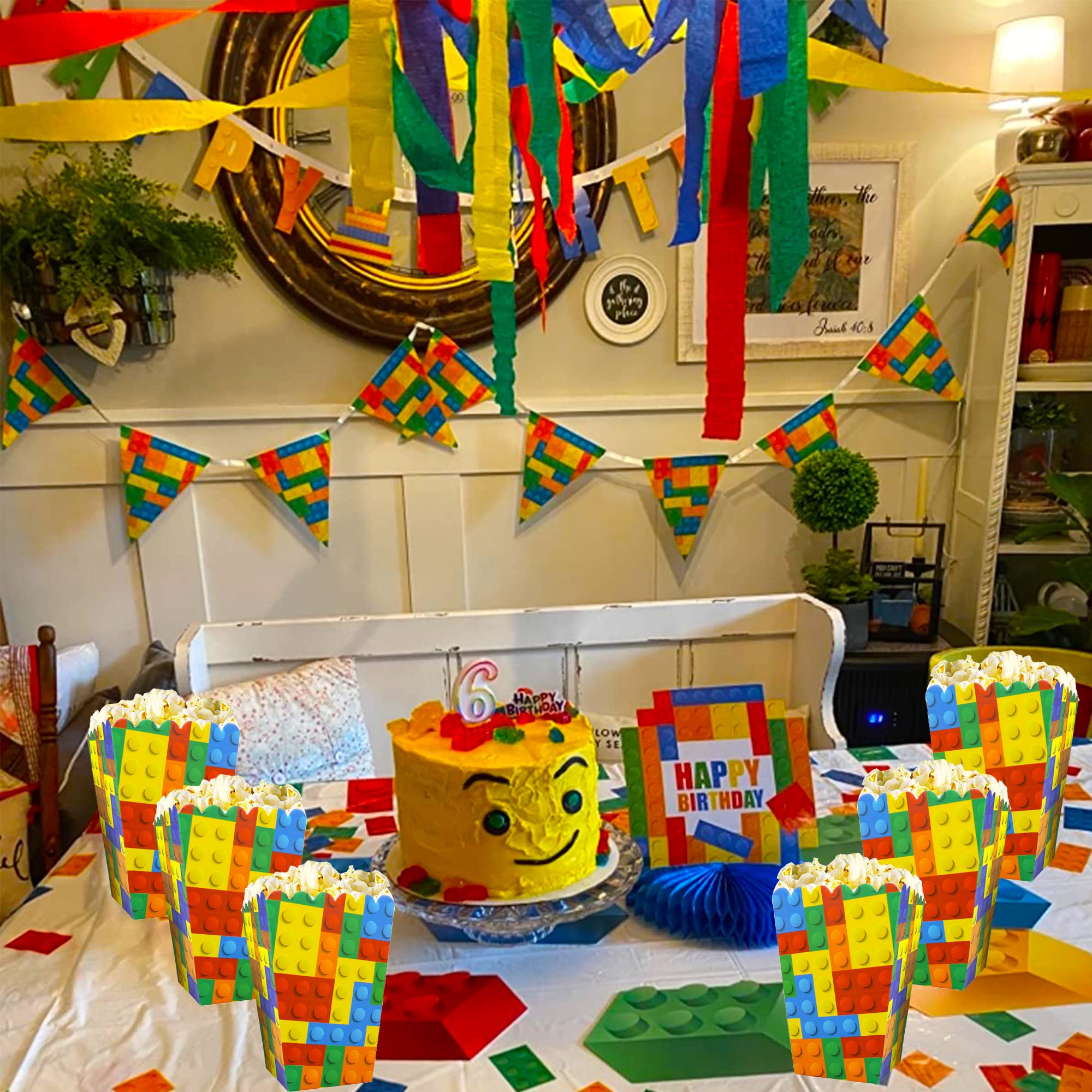 6/12/18pcs Building Block Popcorn Boxes Happy Birthday Party Kids Boys Favors Candy Box Popcorn Boxe Decorations Events Supplies