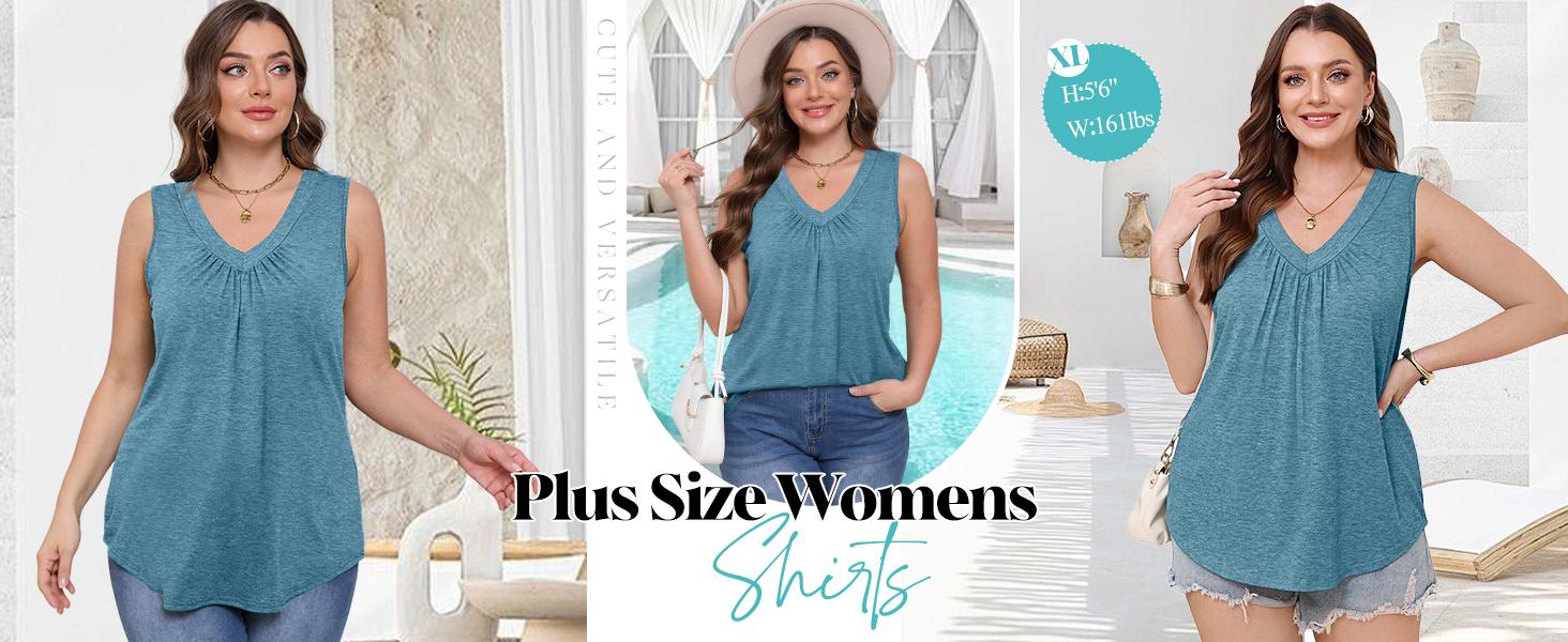 WIHOLL Tank Top for Women Loose Fit Sleeveless Shirts V Neck Summer Clothes Ruched Women's Tees and Tanks Curved Hem SpringStatements
