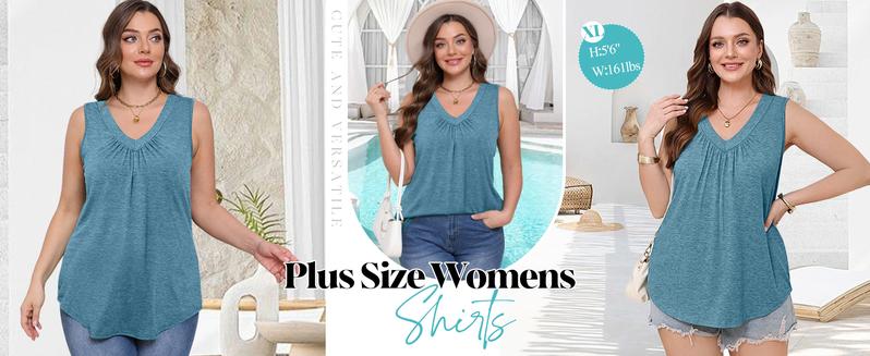 WIHOLL Tank Top for Women Loose Fit Sleeveless Shirts V Neck Summer Clothes Ruched Women's Tees and Tanks Curved Hem