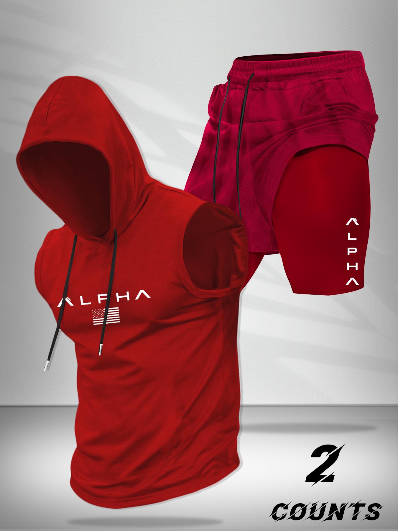 Hooded Vest and Gym Shorts Two-Piece Set, Casual Summer with Letter Pattern, Fitted Knitted Sportswear for Active Lifestyle, Sportswear Running Fitness, Workout Running Clothes, Streetwear Tracksuit Set