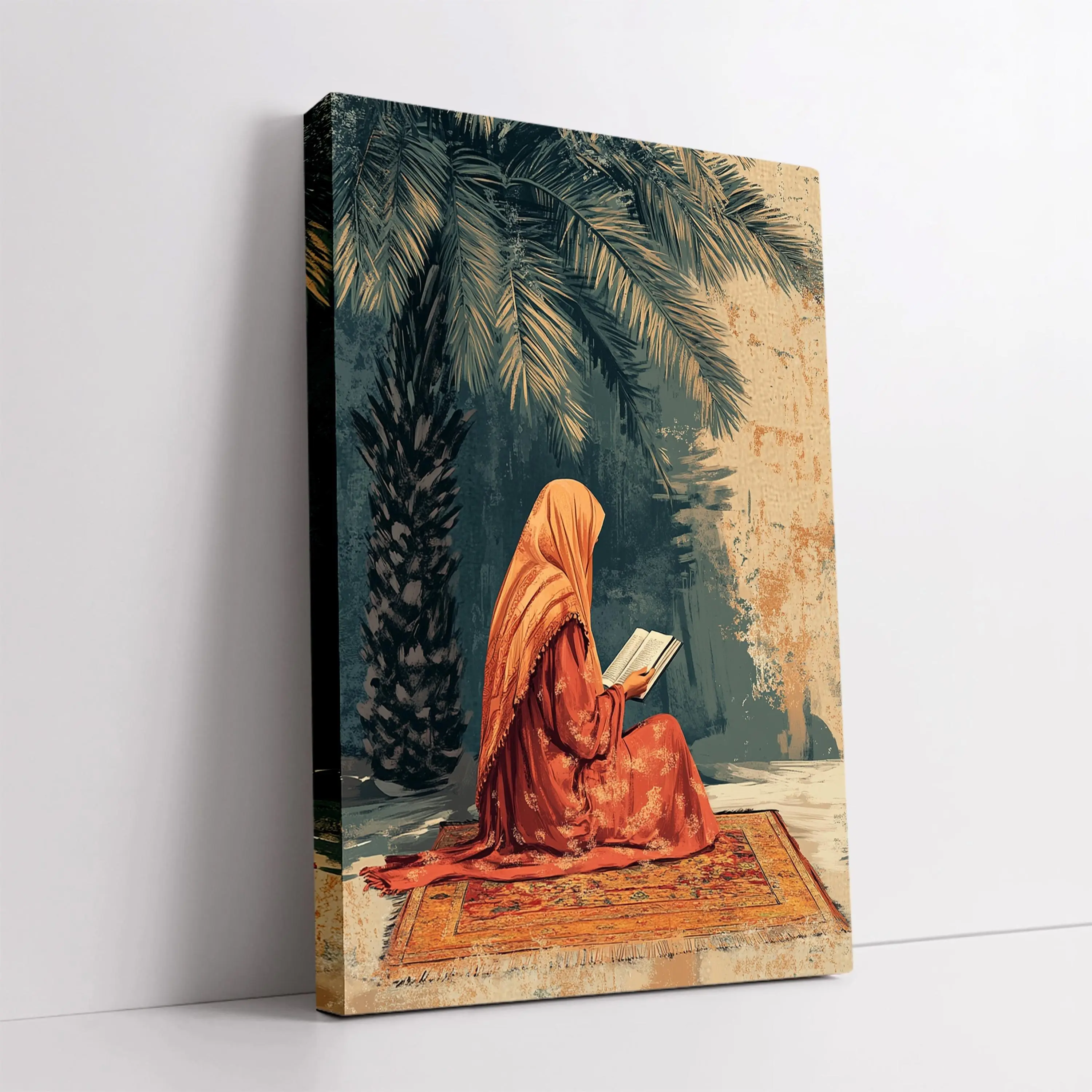 Islamic Woman Reading Art - Arabic-Themed Framed Canvas, Muslim Wall Decor for, Bedroom - Cultural Islamic Gift for Eid, Ramadan, Christmas - Wood Frame & Wrapped Canvas, Easy to Hang Islamic Artwork for home Decoration, 2D Flat, Perfect for Room