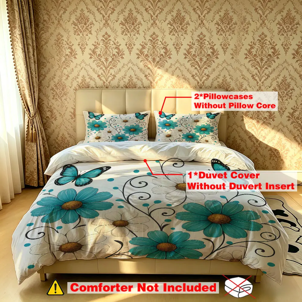 The 3-piece blue and white daisy butterfly bedding set includes one bedspread and two pillowcases, without fillings. It's soft and comfortable, suitable for single beds and double beds, and ideal for bedrooms, dormitories, and hotels.