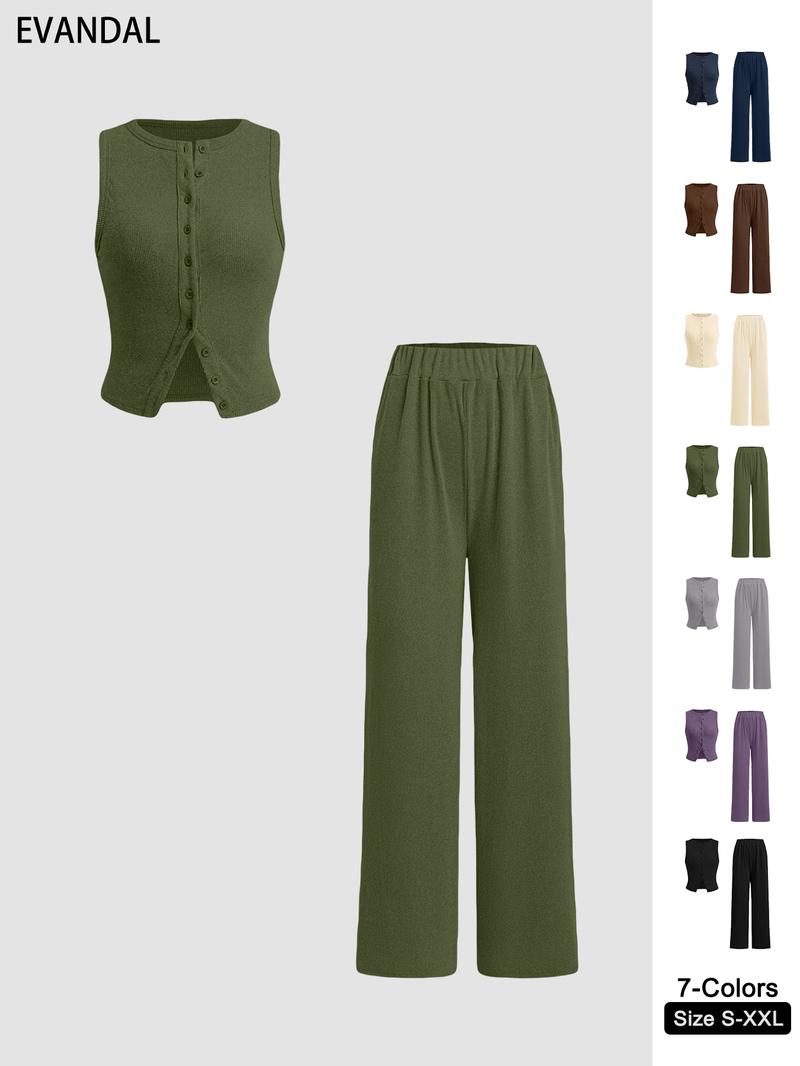 Women's Solid Ribbed Button Tank Top & Straight Leg Pants Two-piece Set, Casual Sleeveless Top & Trousers for Daily Wear, Ladies Two-piece Outfits for All Seasons, Clothes,Airport Outfit