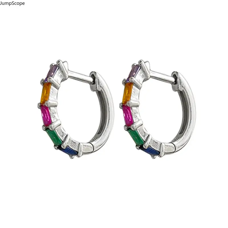 Unisex Silver Vintage Mid-Century Baguette Rainbow Green Zircon Multi-Color Gemstone Row Huggie Hoop Earrings with Snap Buckles - MDF-Steel Minimalist Statement Wear for Indoor Recreation & Outdoor Leisure