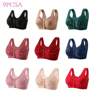 Women's Pure Cotton Wireless Bra, Vest-Style with Front Closure, Plus Size Thin Breathable Full Coverage Underwear, 9Pcs