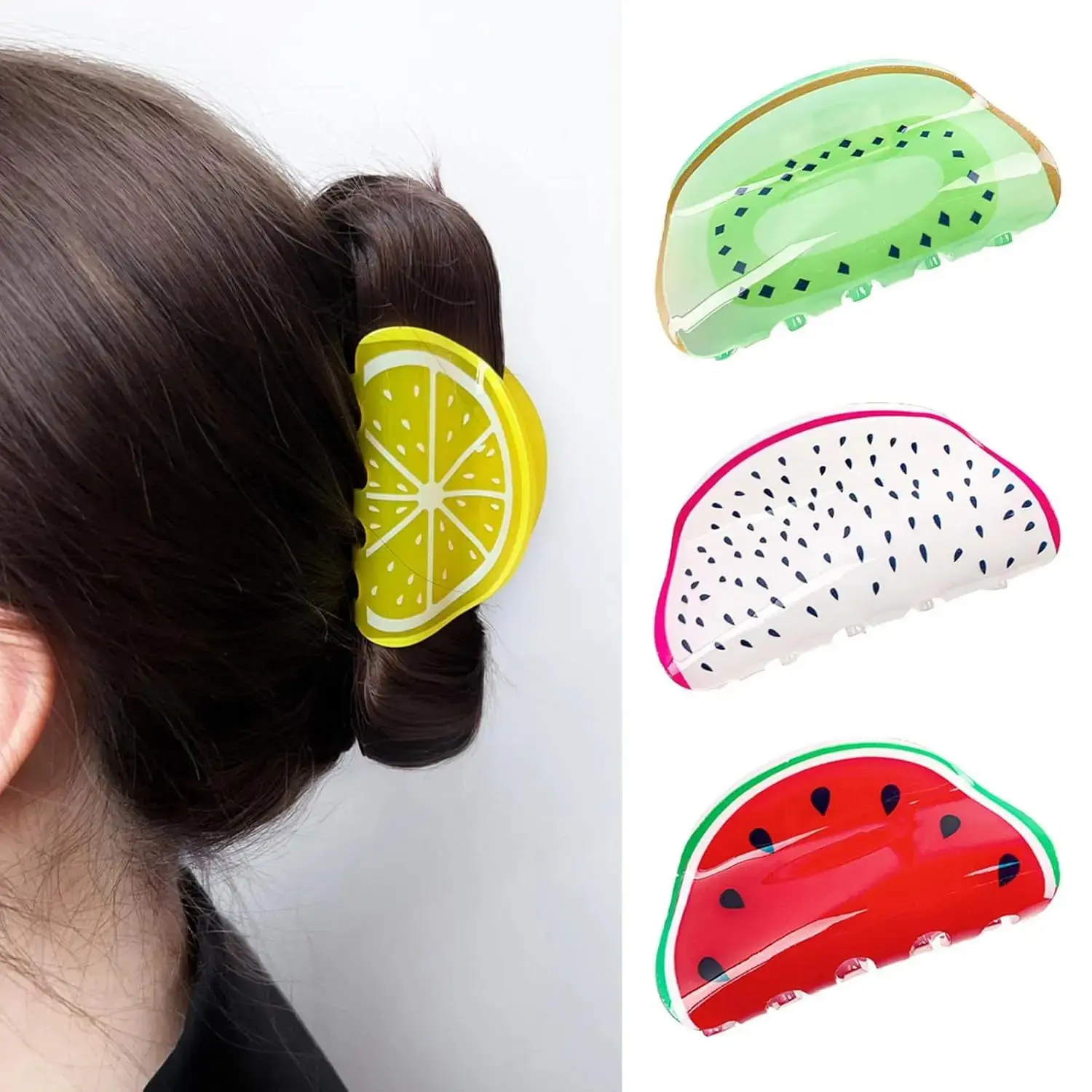 3/7PCS Cute Fruit Hair Claw Clips for Women and Girls, Summer Aesthetic Tropical Acrylic Jaw Clips with Strong Hold for Beach Vacation, Hair Clip