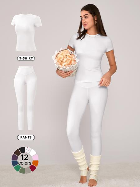 Women's Solid Short Sleeve Tee & Leggings Loungewear, Casual Comfy Round Neck Top & Skinny Pants PJ Set, Ladies Sleepwear for Spring & Fall, Pajama Women's Solid Short Sleeve Tee & Leggings Loungewear, Casual Comfy Round Neck Top & Skinny Pants PJ Set, Ladies Sleepwear for Spring & Fall, Pajama