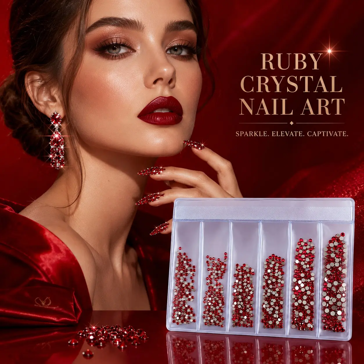 6-Piece Ruby Rhinestone Set, Silver Color Base, Multiple Sizes, New Year Nail Art Decor, DIY Dress Decoration, Cream Glue Stickers