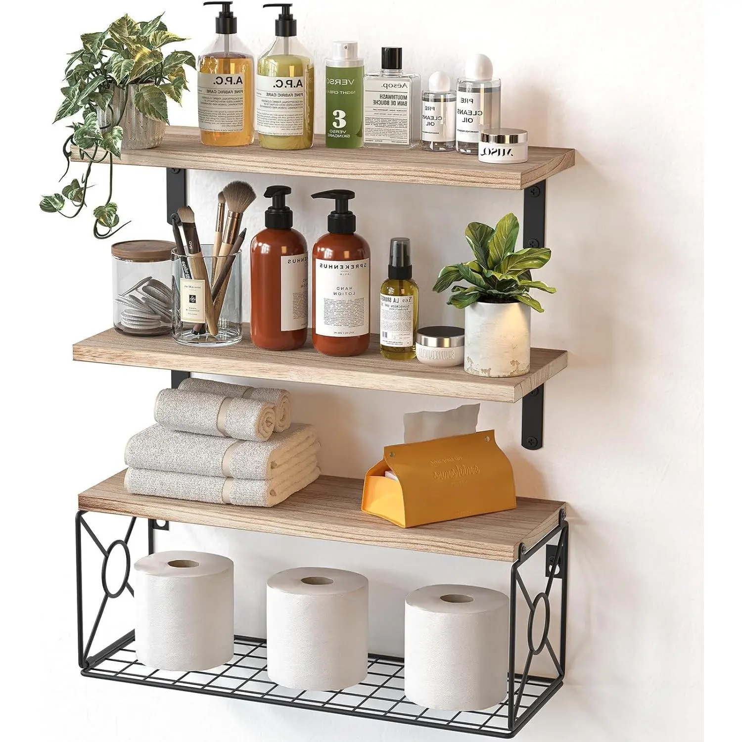 Natural Wood Finish Floating Shelves - Wall-Mount Bathroom Over-Toilet Shelves with Storage Basket, Room Decor for Home Organization (Fits Bathroom/Kitchen)