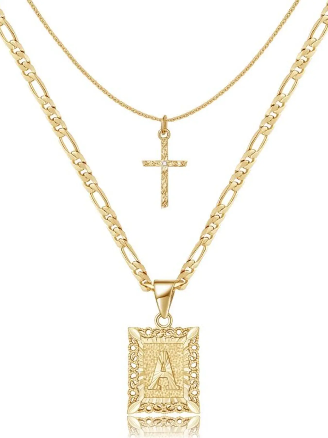 Gold Layered Initial Cross Necklace, Golden Plated Layering Square Letter Pendant Cross Chain Design Figaro Chain Cross Choker from A-Z Capital Jewelry for Women Girls