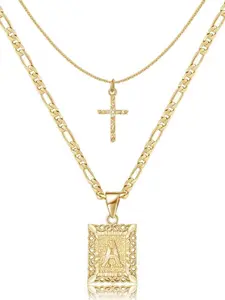 Gold Layered Initial Cross Necklace, Golden Plated Layering Square Letter Pendant Cross Chain Design Figaro Chain Cross Choker from A-Z Capital Jewelry for Women Girls