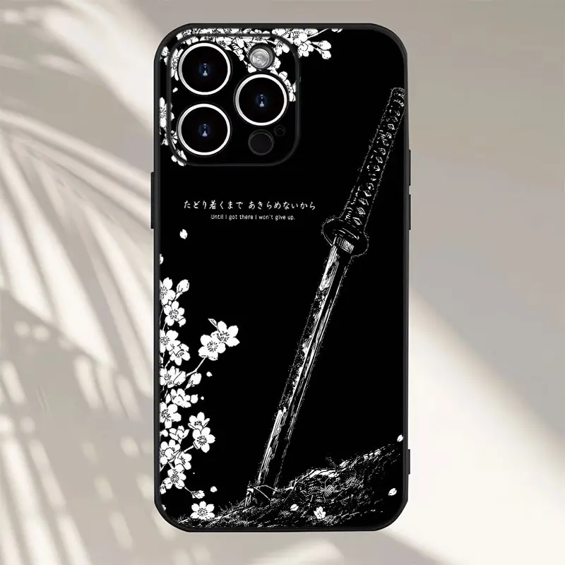 Black White Sakura Katana Inspirational Quote Phone Case,Vertical Samurai Blade Cherry Blossom Japanese Text Monochrome Manga Line Art Style for iPhone 17 16 15 14 13 12 11 Pro Max,Minimal Japanese Warrior Cover