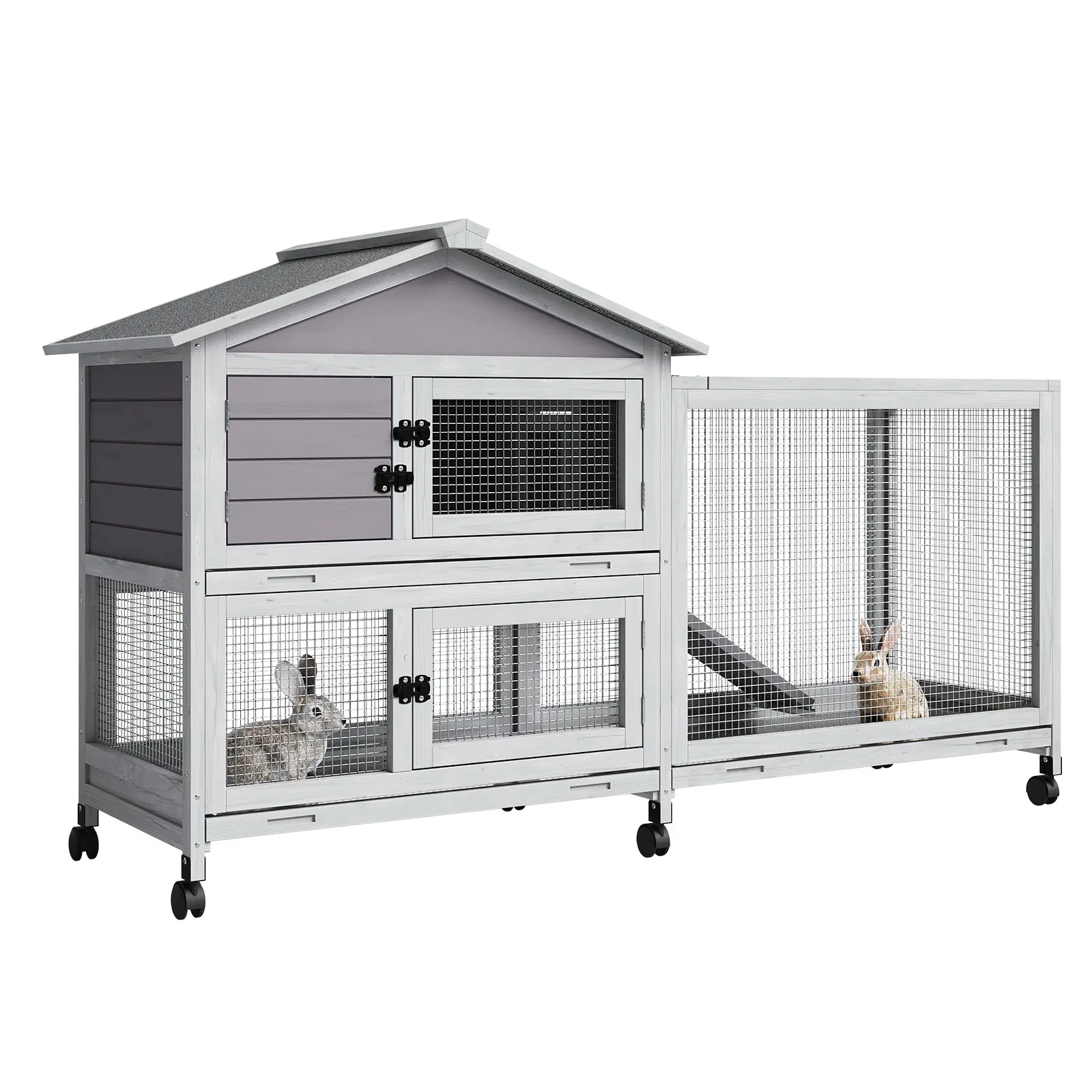 2-Tier Rabbit Hutch with Wheels – Large, Weatherproof | For Rabbits, Guinea Pigs, Chickens | Indoor/Outdoor Use | Lockable Casters, Slide-out Tray | Safe Mesh, Waterproof Roof | Easy Clean, Spacious | Wooden & Metal Frame | Pet House