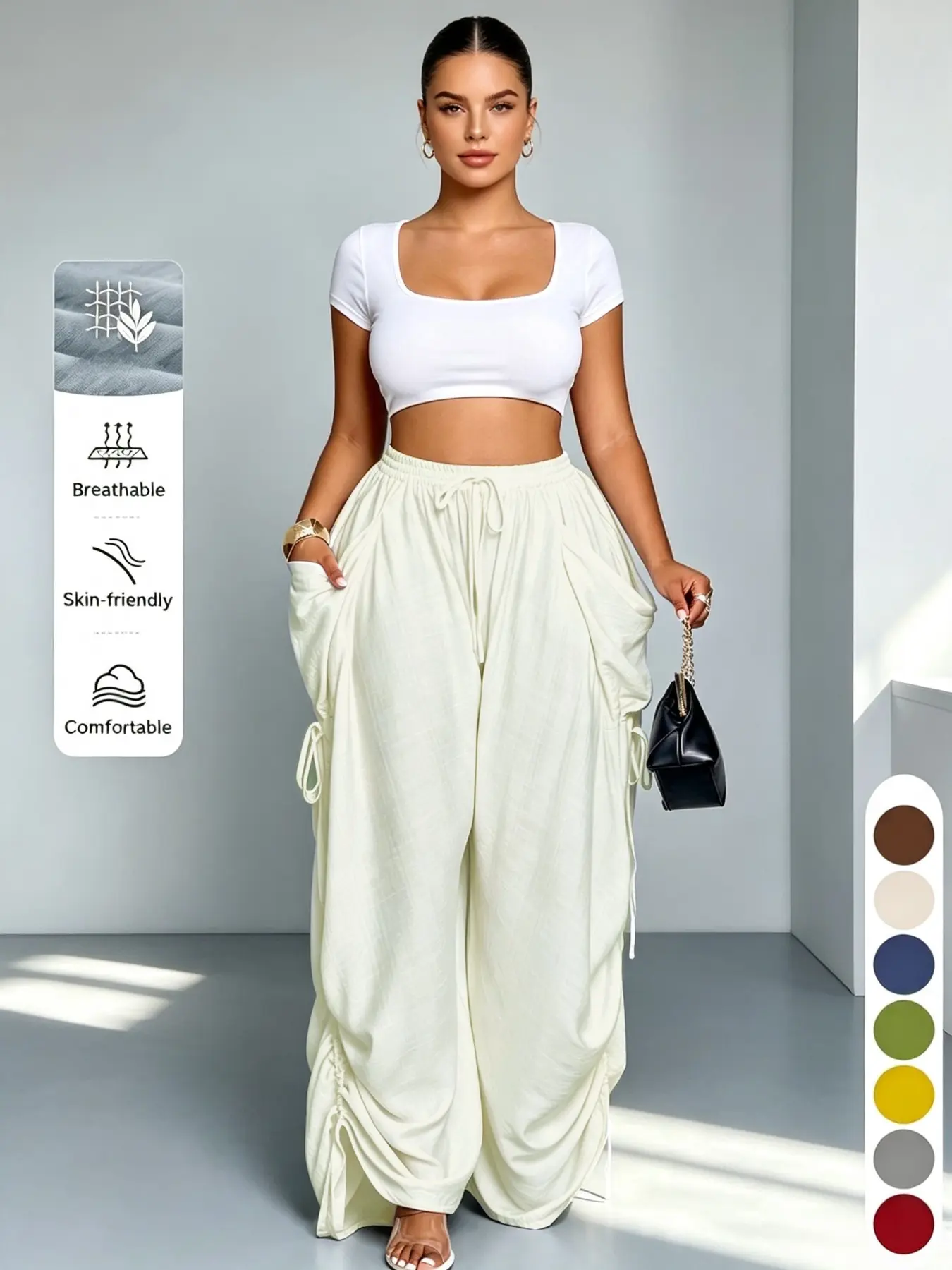 High-Waisted Adjustable Drawstring Linen Palazzo Pants for Women, Loose-Fit Spring & Fall Fashion, Comfortable Casual Home Wear