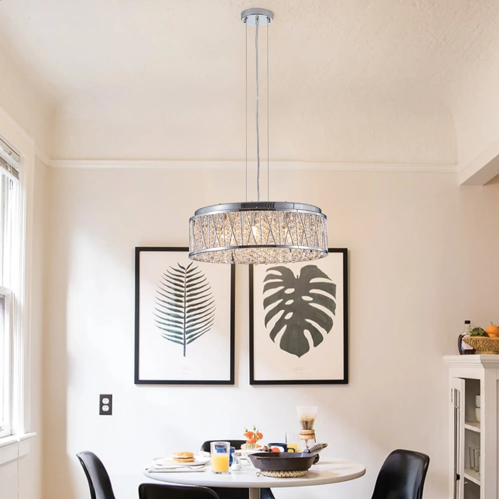 Nokaa Modern Crystal Chandelier 19 Inch Round Flush Mount Ceiling Light for Kitchen Island Dining Bedroom Hallway Entryway, Chrome Iron Frame with Clear Crystals, Hardwired, G9 Bulbs Not Included, 120V, 7.9H x 18.9D, Silver+Clear