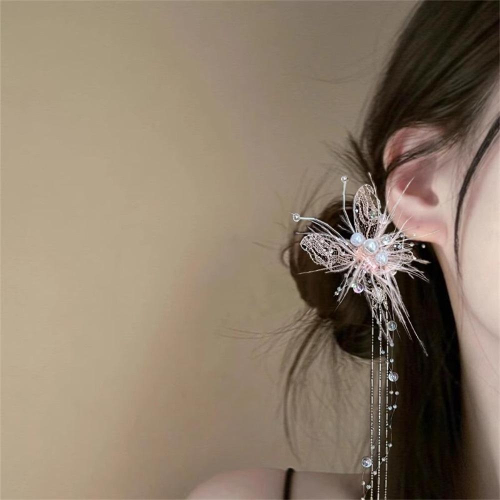 Ethereal Butterfly Pearl Tassel Hair Clip, Vintage Chinese Style Feather Side Clip, Luxury Elegant Hair Accessory