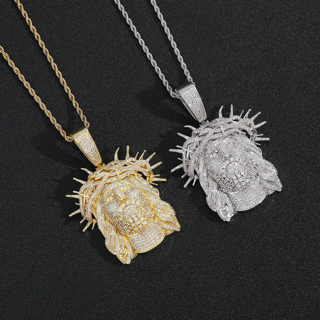 Large Gold-Plated Brass Jesus Head Pendant Necklace - Metal Coating, 5A+ Cubic Zirconia Rhinestone Chain, 24-Inch Rope Chain, Hip Hop Religious Costume Jewelry for Casual Daily Wear & Gifting, Crown Of Thorns, Jesus Head Charms & Pendants