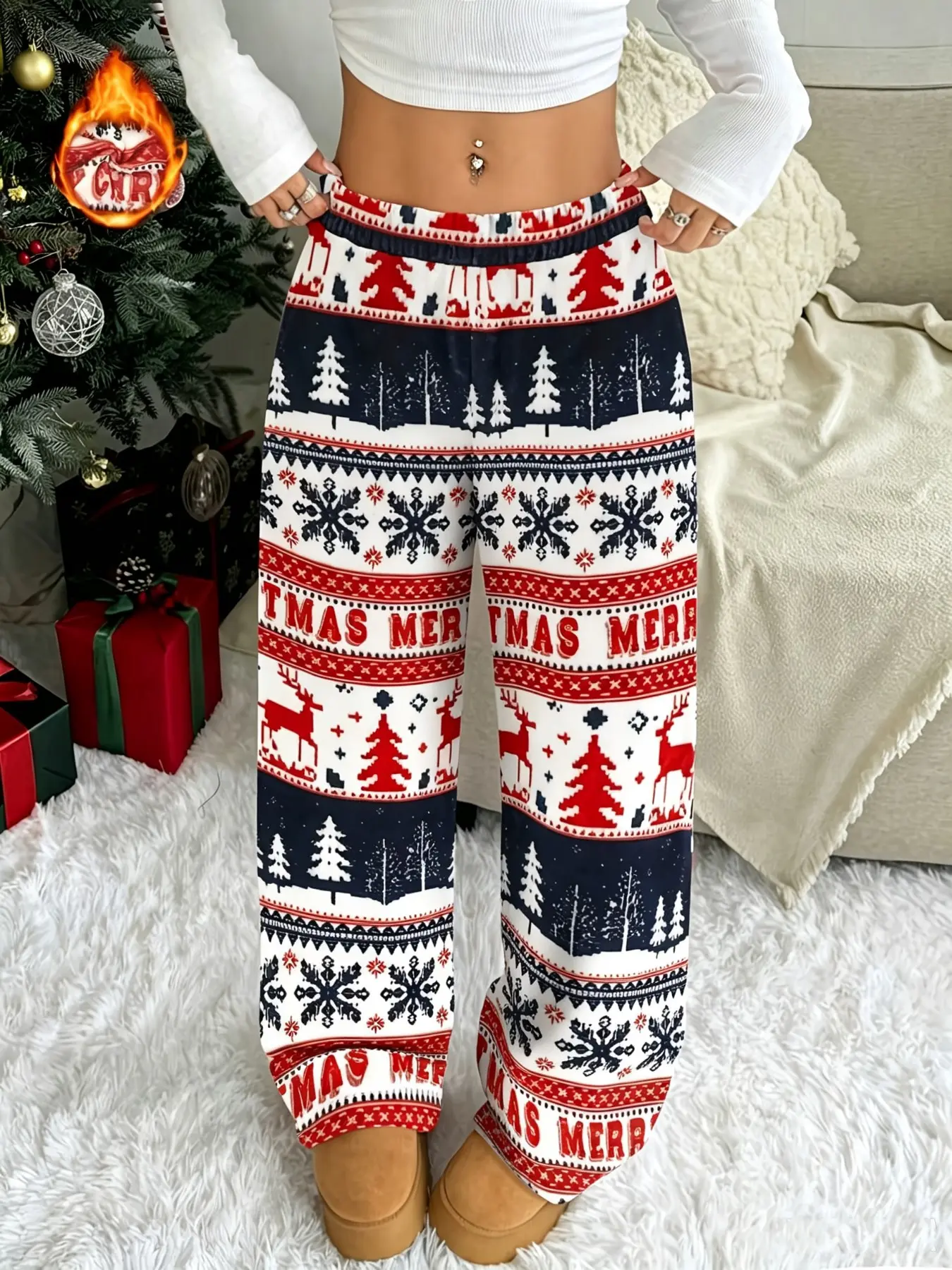 Christmas Style Flannel Pajama Pants, Soft Plush Texture, Cute Cartoon Style, Super Soft Warm Winter Home Sleepwear