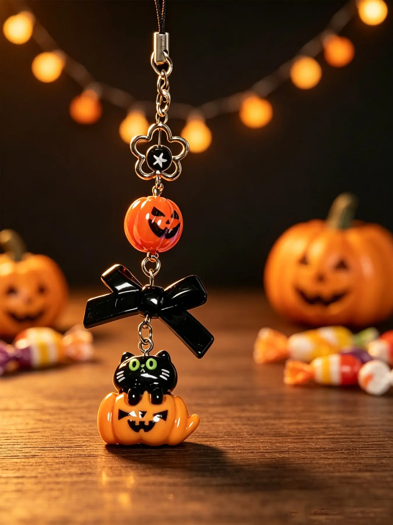 Halloween Black Cat Pumpkin Beaded Keychain - Black Bow Star Flower Pendant, Playful Bow Phone Chain, Gothic Autumn Theme Halloween Pendant, Packaging Decoration, Daily Accessories, Party Gifts, Keychain, Couple Gifts Bag Charm.