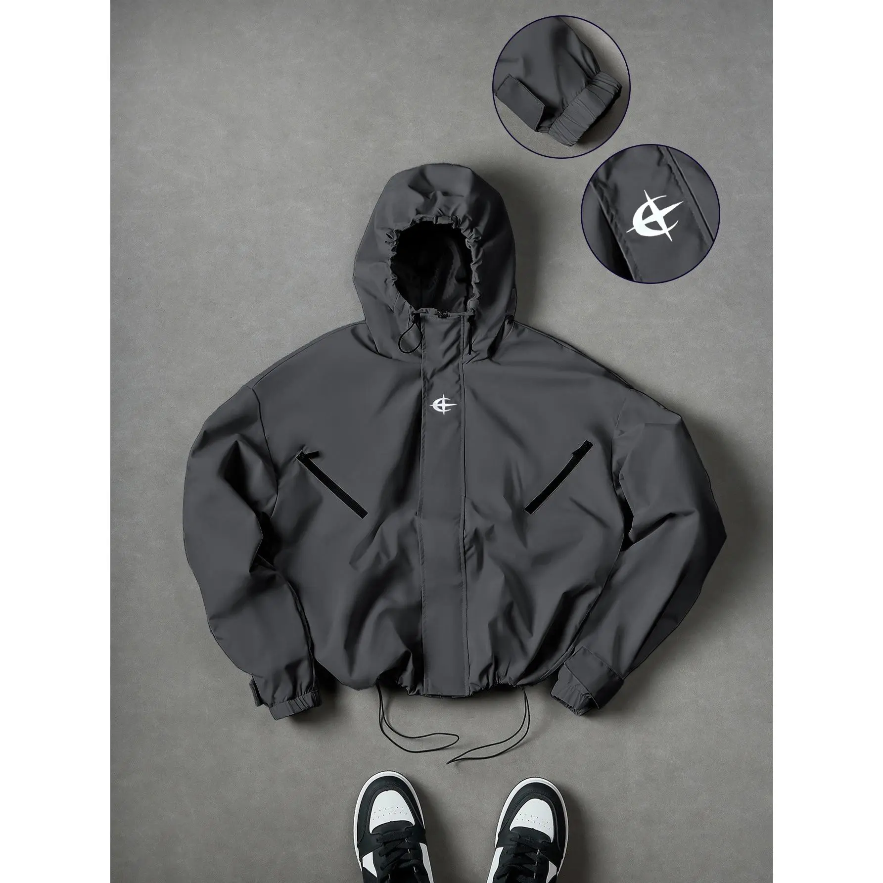 Streetwear Lightweight Windbreaker for Men, Water Resistant Zip Hooded Cropped Jacket, Casual Outdoor Wind Coat with Zipper Side Pockets & Minimal Chest Logo