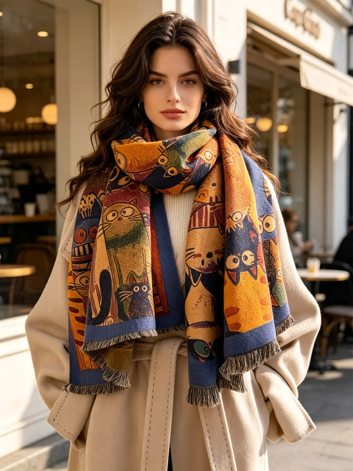 Cute Cat Print Scarf, 180x65cm Fall Winter Shawl, Fashionable Versatile Accessory, Perfect for Travel, Parties, Daily Wear