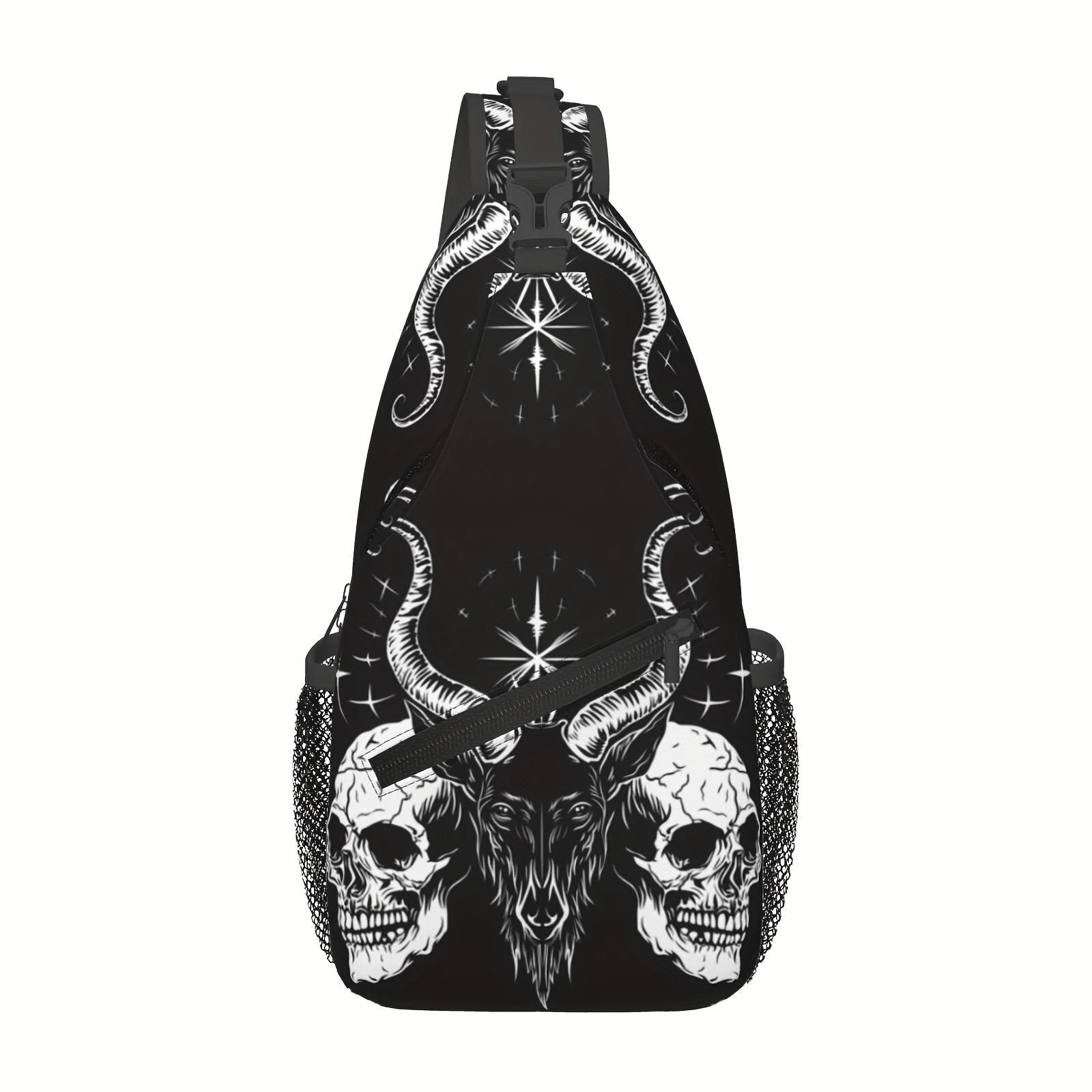 Fashionable And Durable Crossbody Chest Bag Featuring a Baphomet Design with Two Skulls, Perfect for Hiking, Shopping, Leisure Travel, Or As a Beach Bag. This Large-Capacity Backpack Is Also Suitable for Fishing And Makes a Great Accessory for Hallo