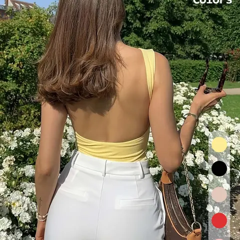 Casual Vacation Style Boat Neck Sleeveless Backless Top, Ruched Slim-Fit Bodycon Tank, Backless Tank Tops, Summer Daily Streetwear Shirt, Womenswear