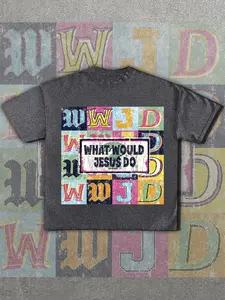 Vintage Patchwork Plaid 'what Would Jesus Do' Print T-Shirt, Loose Fit Casual Short Sleeve Top, Unisex Summer Daily Wear