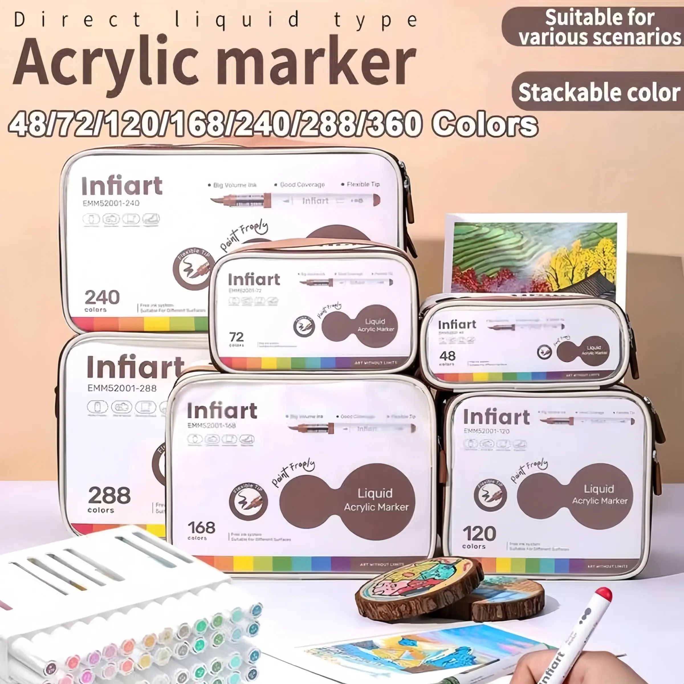 Infiart Acrylic Markers, 48-360 Colors, Large Capacity Soft Tips, Stackable, Portable Case, Ideal for Students, Artists, Sketching, Drawing