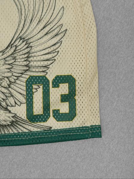 2-piece set of new spring and summer casual street sports style V-neck short sleeved loose fitting size 03 "USA" slogan green striped T-shirt+five point apricot mesh shorts set