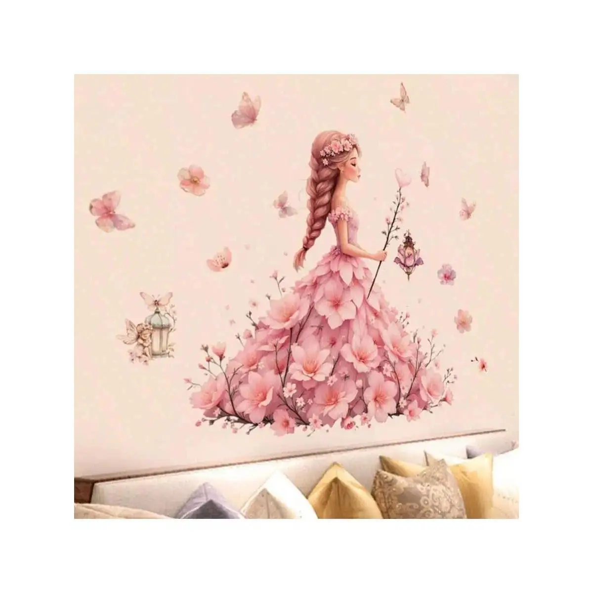 Pink Floral Skirt Princess Butterfly Wall Stickers for Girls Bedroom Decor Fairy Wall Decals Colorful Butterfly Room Decor for G