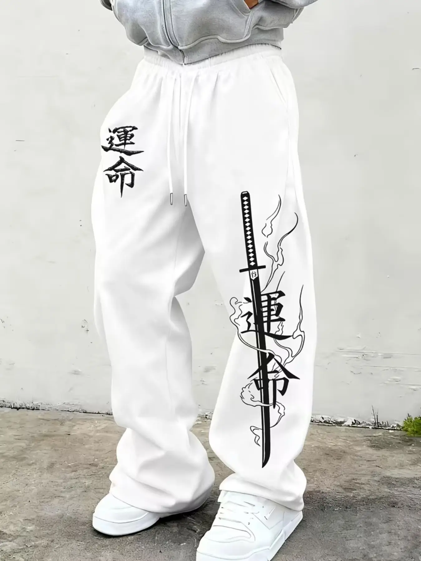 Men's Japanese Unmei Katana Print Wide Leg Sweatpants Bushido Samurai Kanji Baggy Drawstring Joggers, Casual Loungewear Pants For Harajuku Street Casual Outfits White Elastic Waist Graphic Loose Fit Baggy Joggers Casual Fit Fashion Streetwear Bottoms