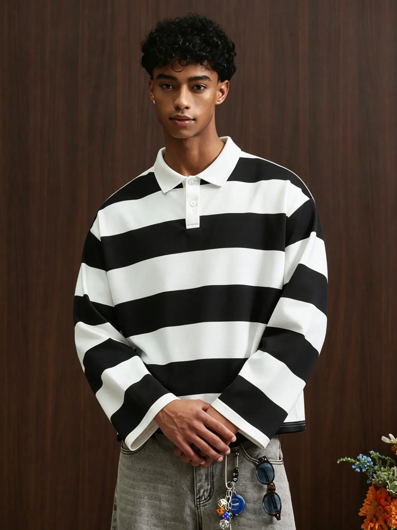 Men's Black and White Wide Stripe Long Sleeve Oversize Loose Polo Shirt, Retro Button-Down Collar for Urban Street Style and Daily Casual Outfits