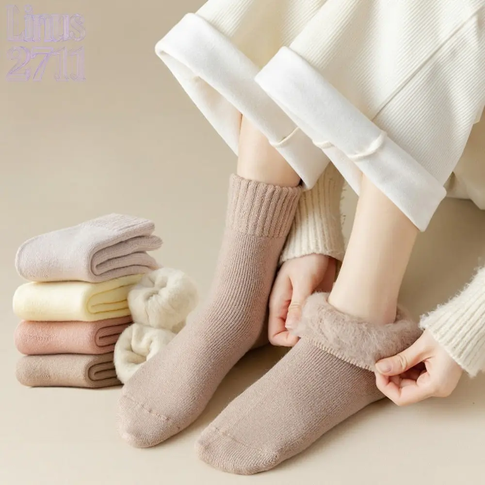 5 Pairs Thick Fleece Lined Terry Crew Socks Women Heat Retention Warm Mid Calf Indoor Floor Maternity Winter Thermal Socks