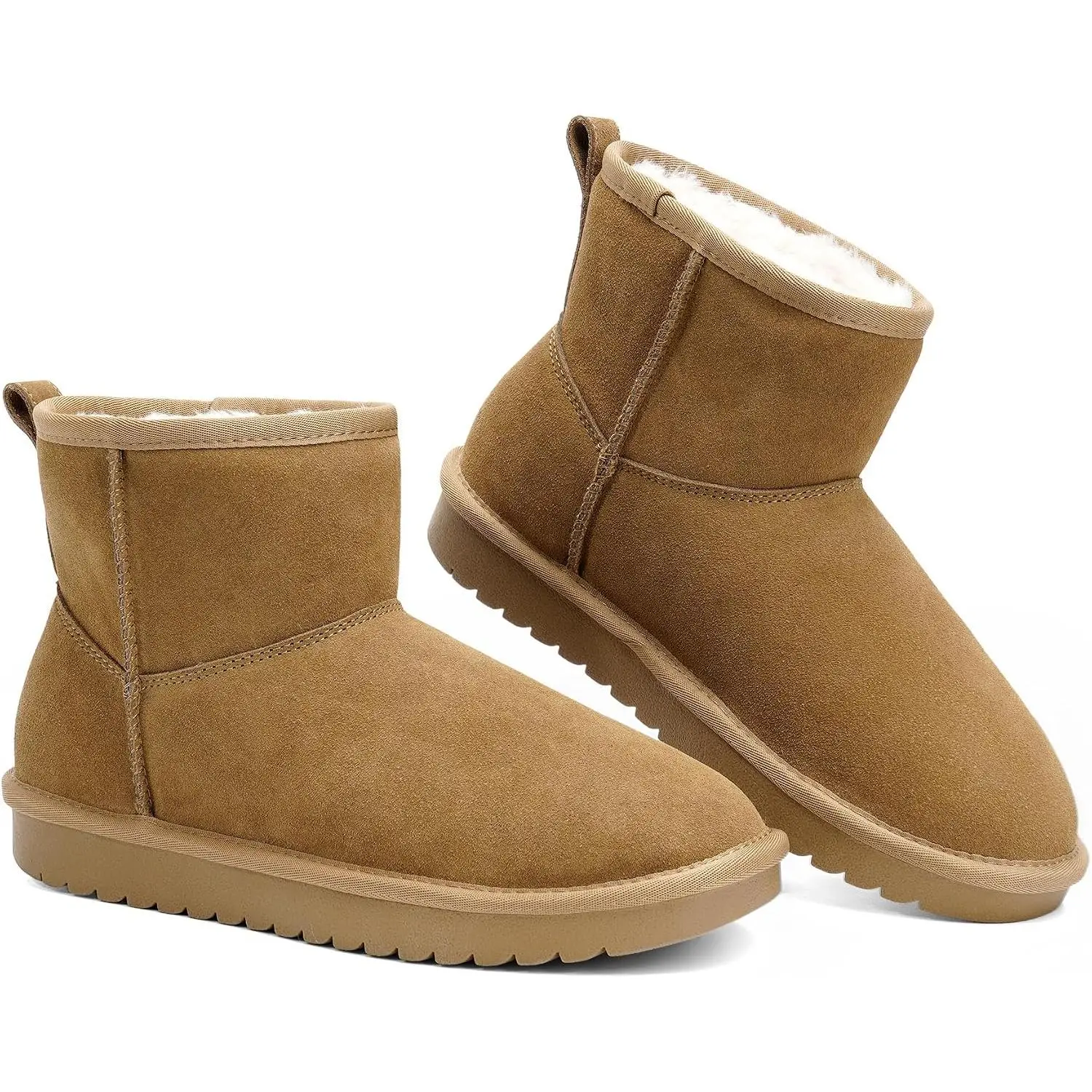 Genuine Leather Ankle Mini Boots for Women Snow Boots Winter Ankle Booties Anti-Slip, Water Repellent, Memory Foam Insole, Lightweight, Plush Faux Fur, Pull-on, Comfortable Outdoor Shoes