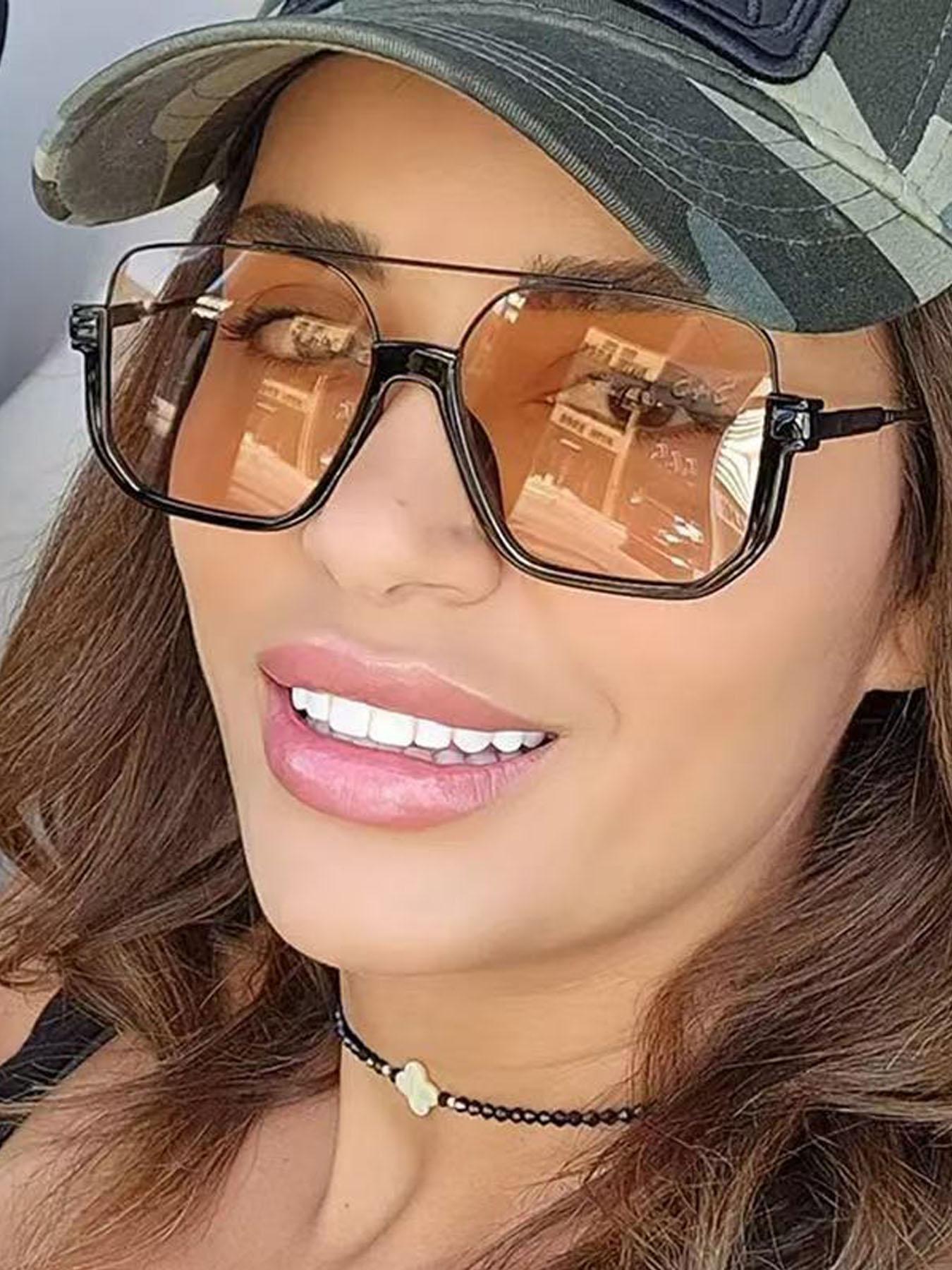 Unisex Fashionable All-match Tinted Lens Aviator Sunglasses, Vintage Trendy Sunglasses, Fashionable Sunglasses for Outdoor Activities, Sleek Rectangular Sunglasses