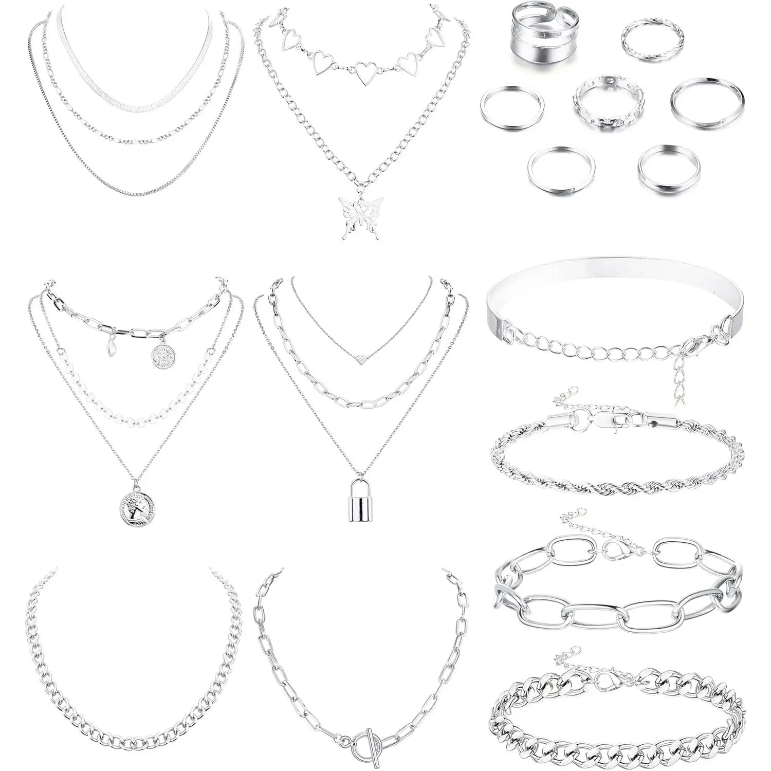 Sanfenly Women’s Jewelry Set, Gold-Tone & Silver-Tone Layered Necklaces, Chunky Bracelets & Knuckle Rings, Trendy Costume Accessories for Daily & Party Wear, Chunky Gold Jewelry Style, Gold Chain Necklace Jewelry Sets