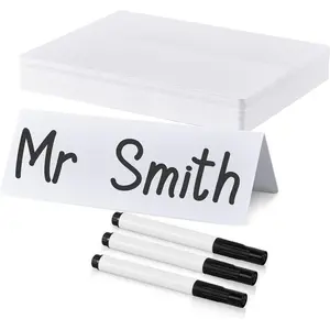 50 Pieces Dry Erase Name Tent Table Cards 5.8 x 7.9 Inches Non-Adhesive Reusable Desk Name Tags Plates with 3 Black Markers for Weddings, White