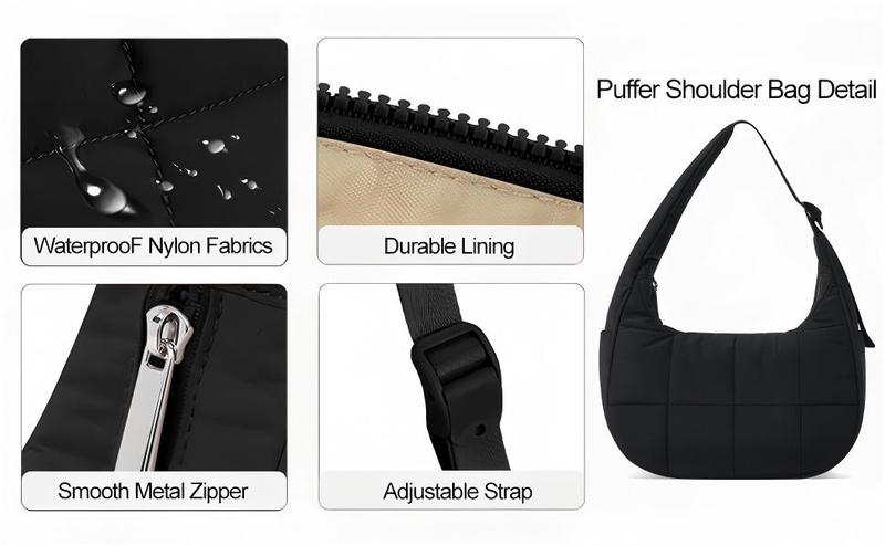 Small Puffer Crescent Shoulder Bag for Women Quilted Nylon Waterproof with Side Pocket for Cans Lightweight Travel Gym Purse FOR FALL