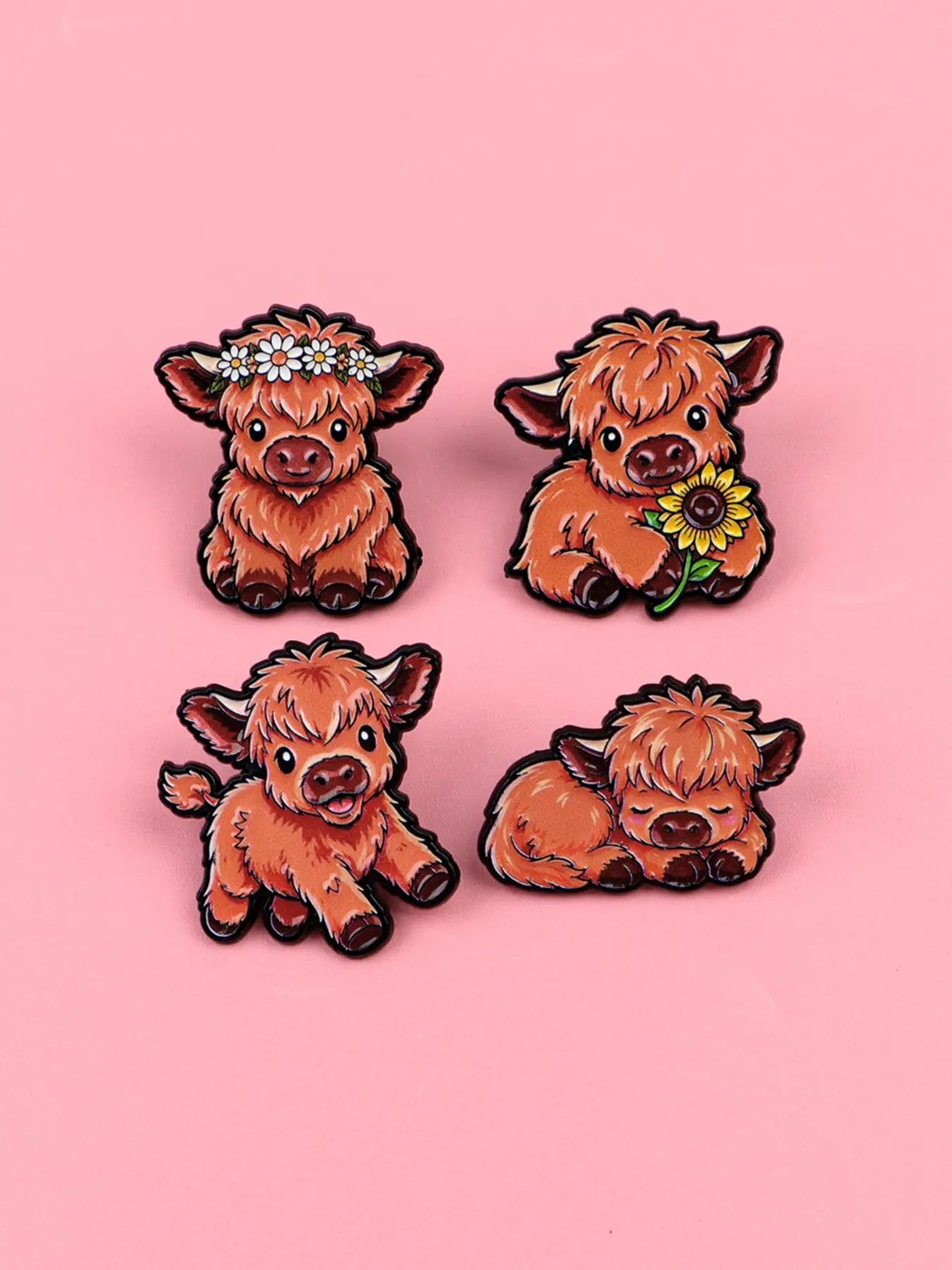 4pcs/set Cute Highland Cow Enamel Lapel Pins, Brooch Pin, Cartoon Badges, Unisex Fashion Accessories, Party Style, Birthday Gifts, Holiday Gifts