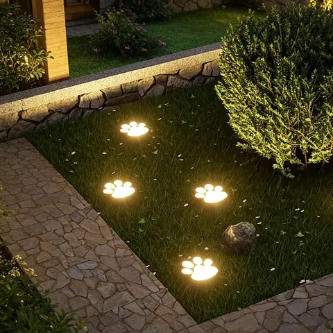 4-Piece Pet Theme Outdoor Decorative Lights Dog Paw Print Lamp, Solar Garden Lamps, Auto On/off Function, Warm Light, Outside Solar Lights, Garden Pathway Lighting Room Decoration
