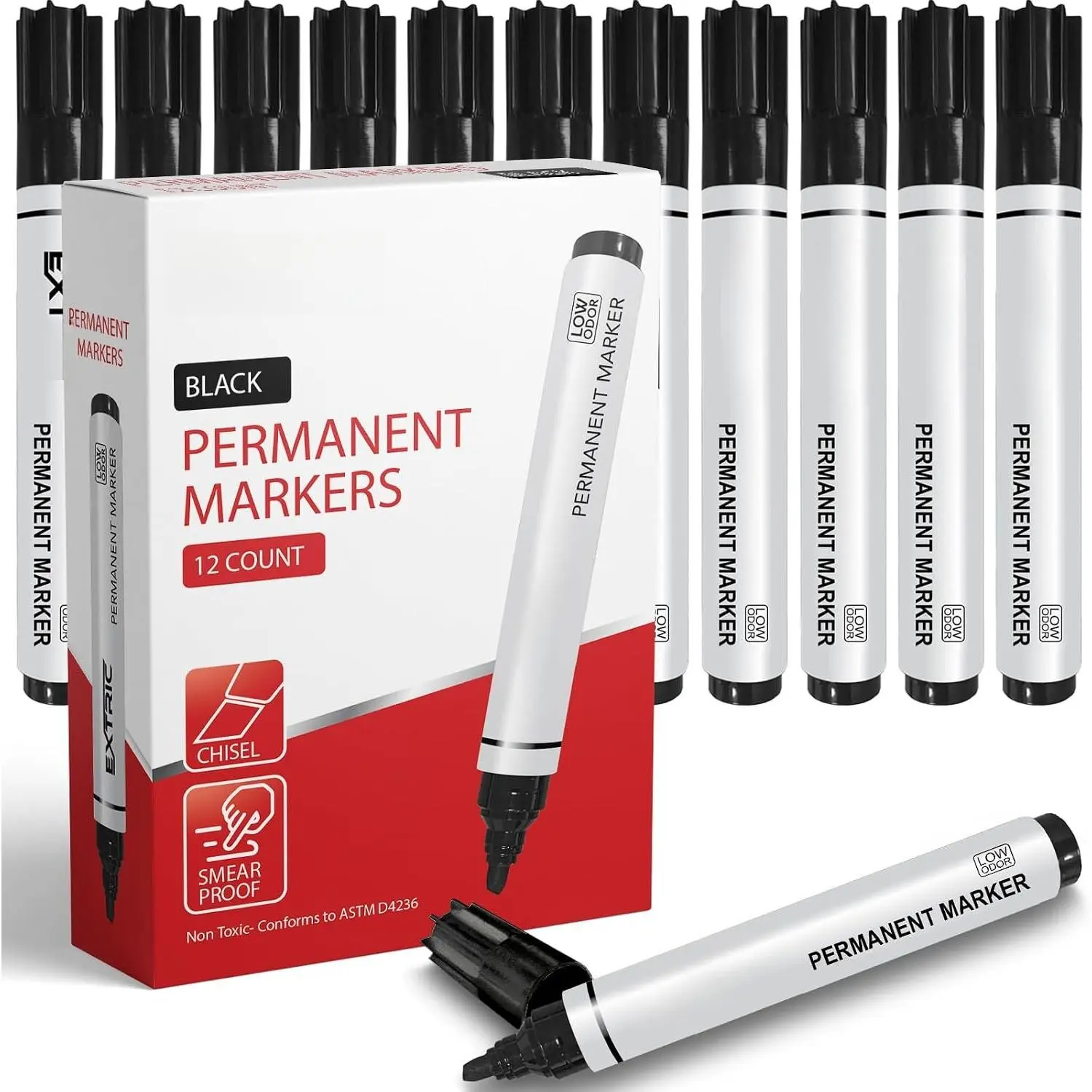 Permanent Markers Chisel Tip, Black, 12 Count, Quick Drying Ink, Works  Paper, , Plastic, Metal and Glass,  for , Office and School use