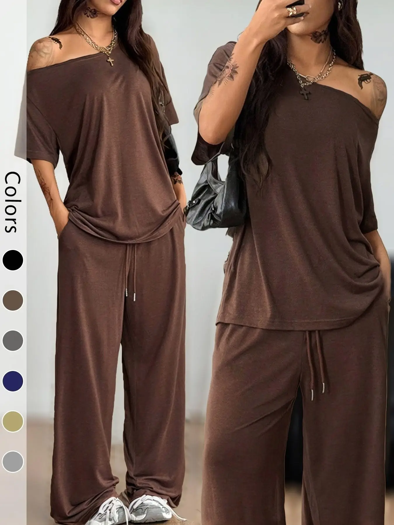 Women's 2-Piece Sleepwear Set Loungewear, Casual Solid Color, Loose Short Sleeve Top and Long Pants, Comfortable Homewear