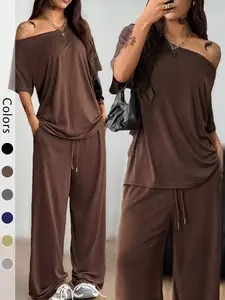 Women's 2-Piece Sleepwear Set, Loungewear, Pajama Set, Casual Solid Color Sporty Two-Piece, Loose Short Sleeve Long Pants, Comfortable Home Wear