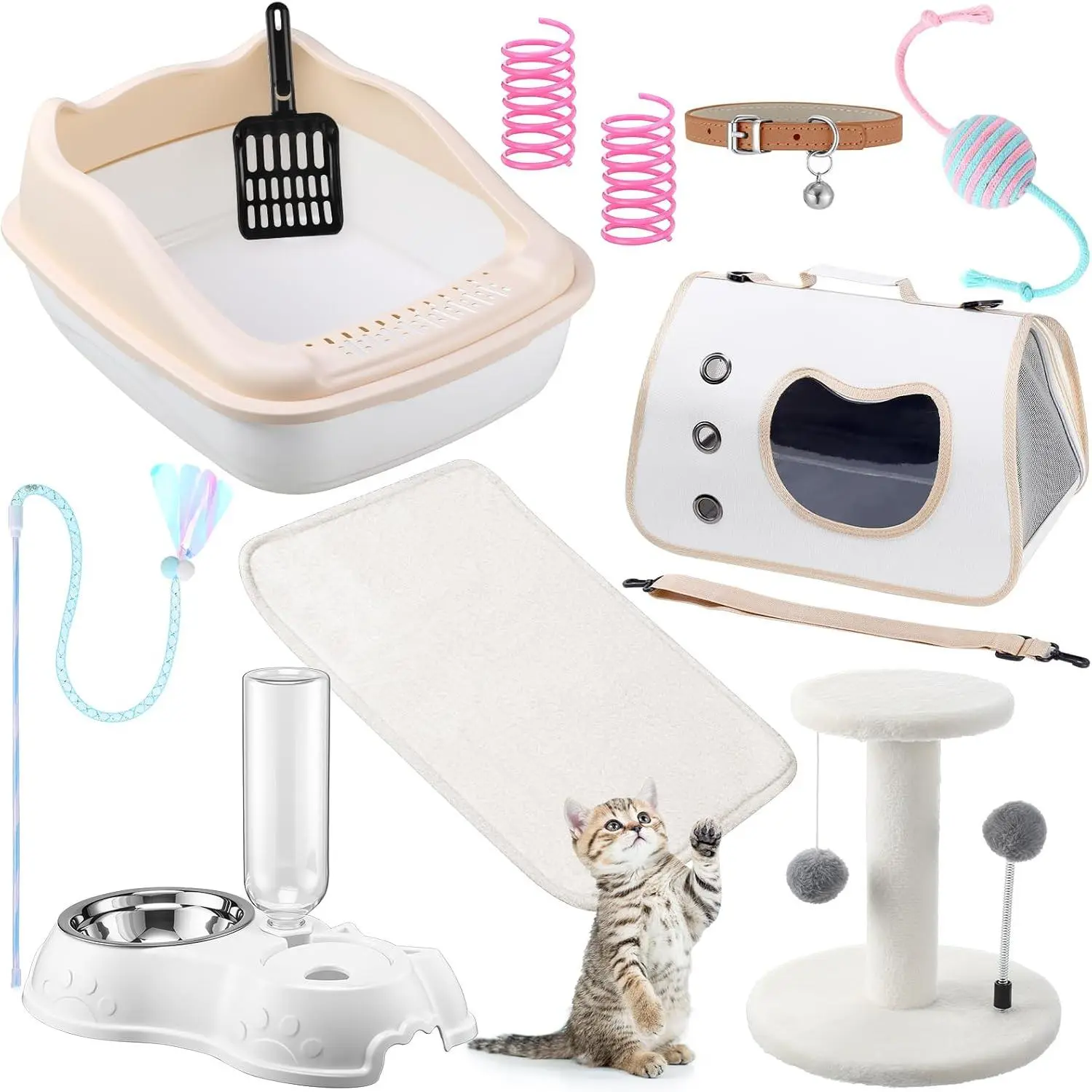 Kitten Starter Kit, 10 count  Starter Kit for Indoor Cats Kitten Essentials Includes Litter Box,  , Folding Carrier, Climbing Frame, Mat, , Automatic  Bow (Cute,White)