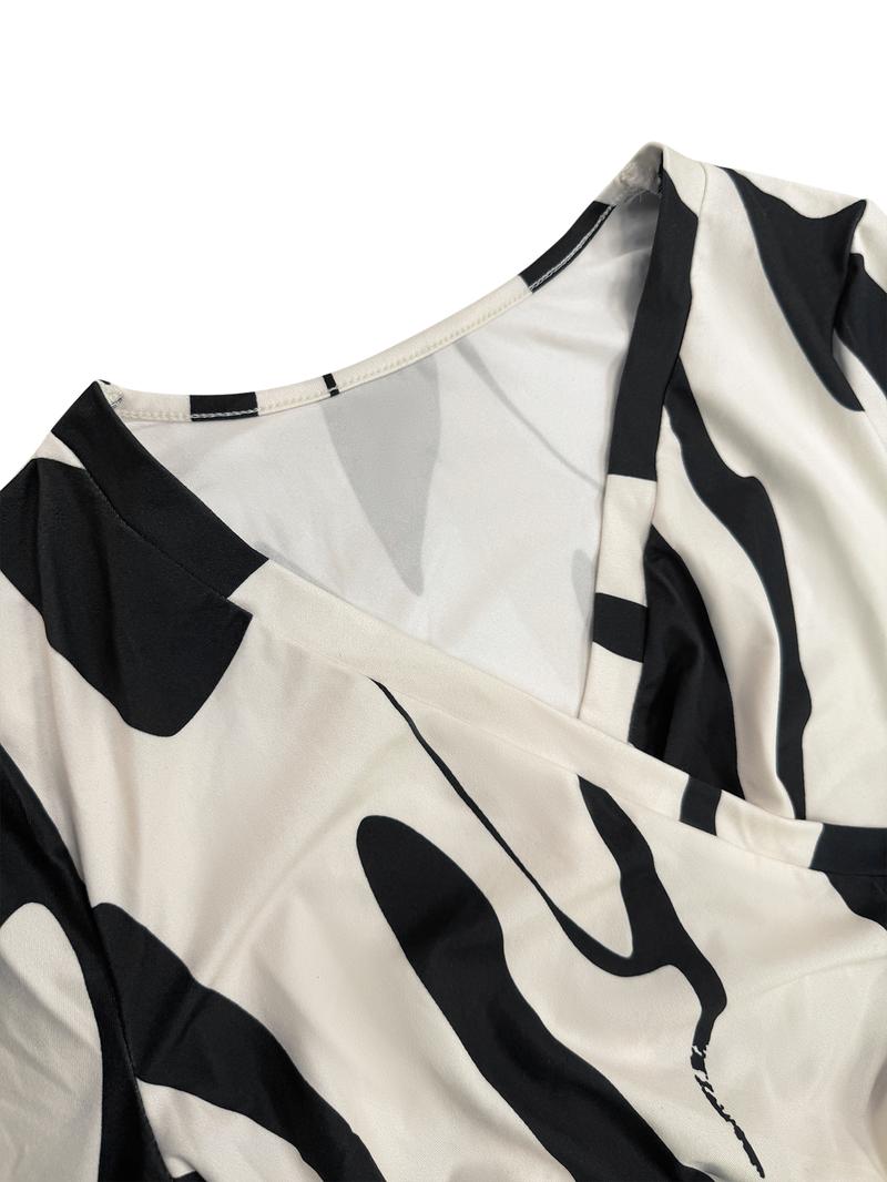 Aliling Women's Dress Valentine's Day Women's Clothing Summer Thin Elegant Midi V-Neck Half Sleeve Geometric Print Ruched Slim-Fitting Dress