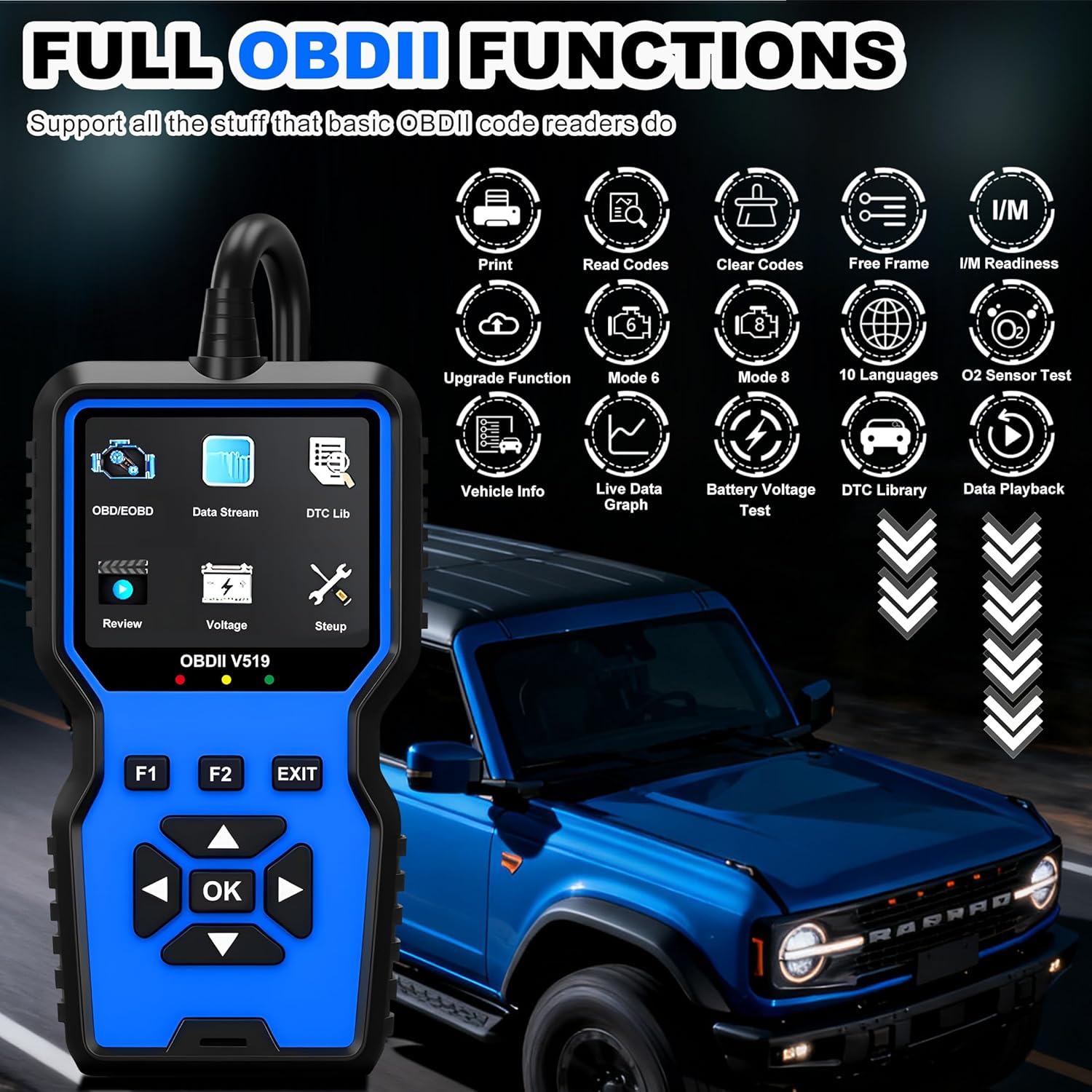 OBD2 Scanner Tool, Upgraded V519  Code Reader for Check Engine Light Clear Fault Codes, Live Data Professional OBDII Scan Tool for 1996 OBD2 Protocol , Blue