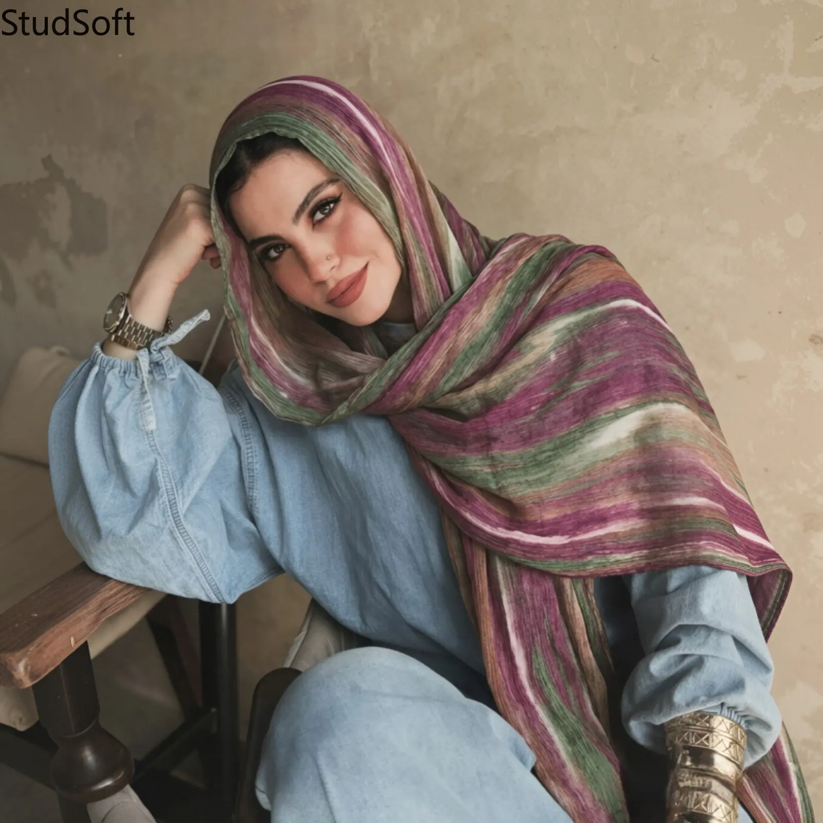 Women's Long Crinkle Hijab Scarf, Tie Dye Cotton Linen Shawl Wrap, Breathable and Soft for Eid or Daily Wear, Breathable Soft, Long Length, Wrap Shawl