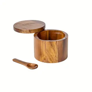 Natural Acacia Wood Seasoning Box (Single Pack) – Dual-Use Salt & Pepper Container; Multifunctional Kitchen Countertop Spice Jar with Lid; Suitable for Herbs, Spices, and Various Seasonings